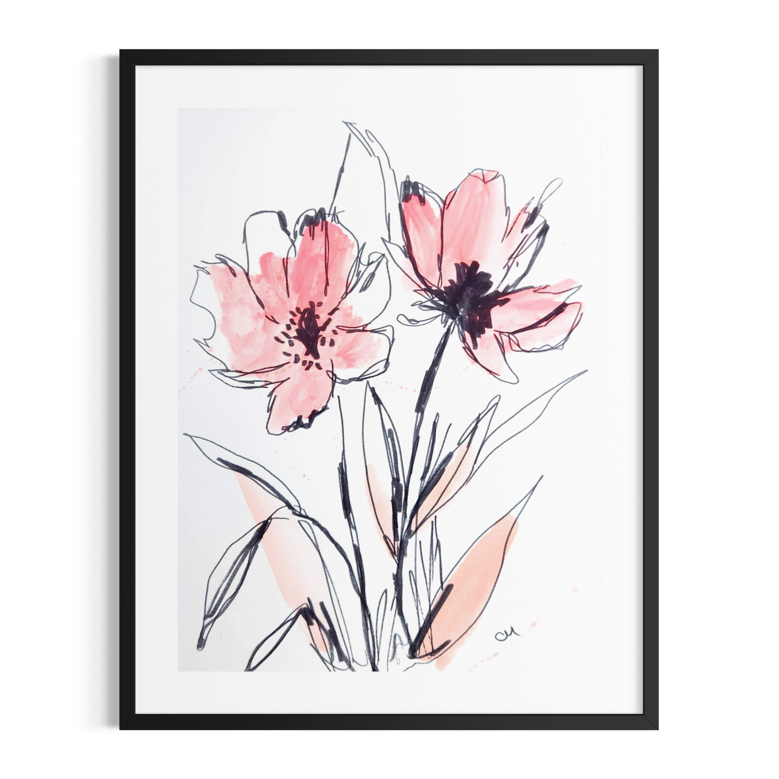Botanical in Vase Painting 9x12 Floral Pink Paper Black White Modern Wall Art