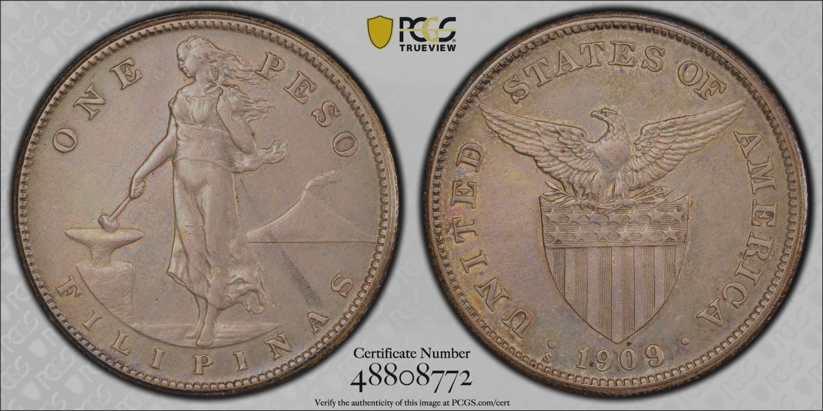 US PHILIPPINES ONE PESO 1909-S PCGS AU DETAILS CLEANED Pics do not do Justice