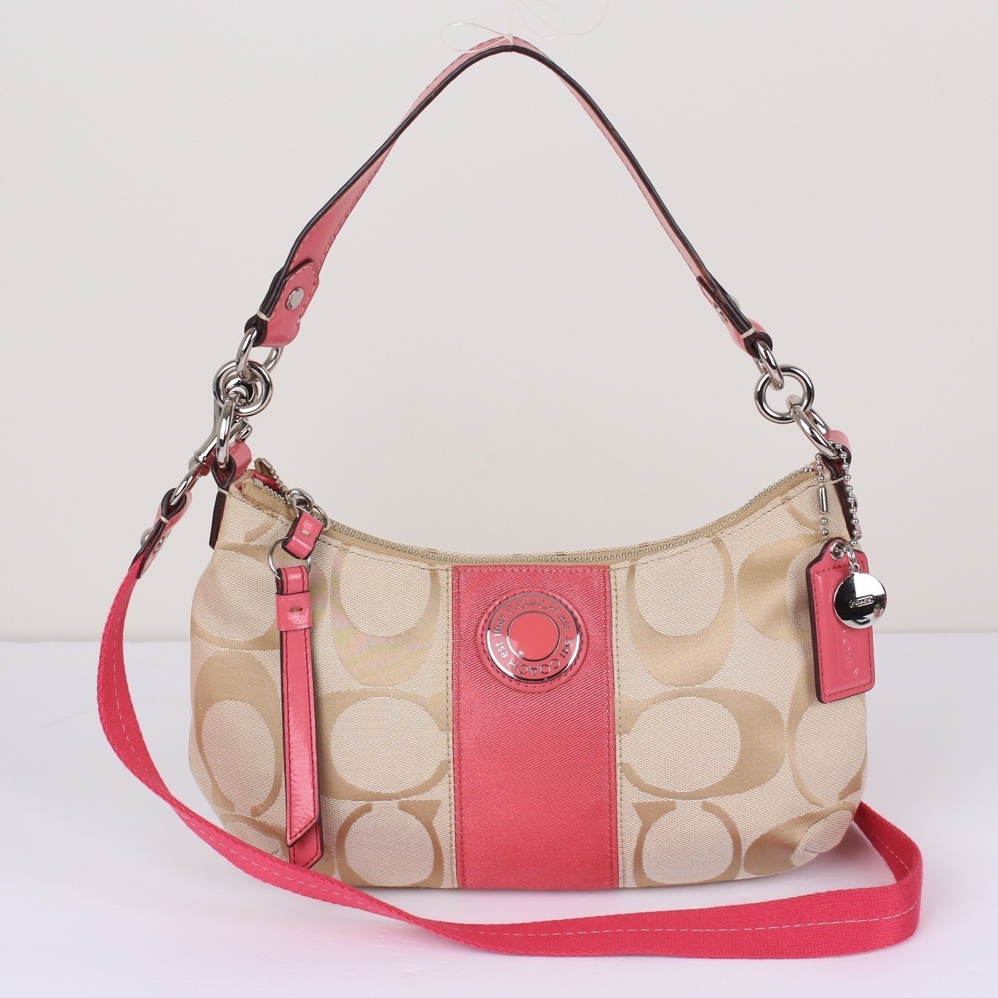 Coach Signature Stripe Demi Shoulder Bag Handbag F19218 Beige Pink
