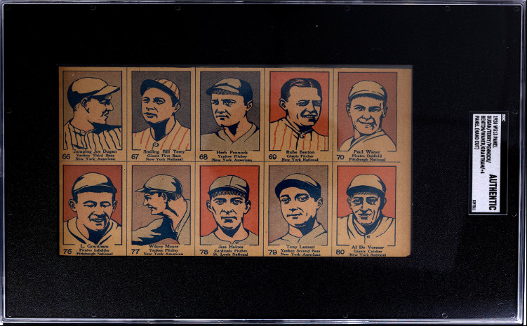 1928 W513 Uncut Panel Cards. Dugan/Terry/Pennock/Benton/Waner/+5. SGC Auth