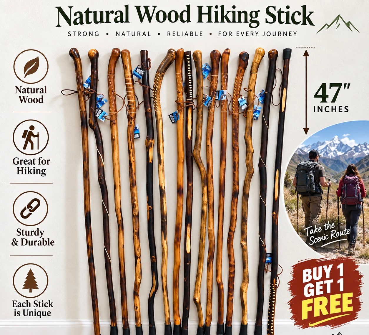 BOGO OFFER- 47 inch Hiking Cane Natural Sturdy Wood  Staff Walking Trekking Pole