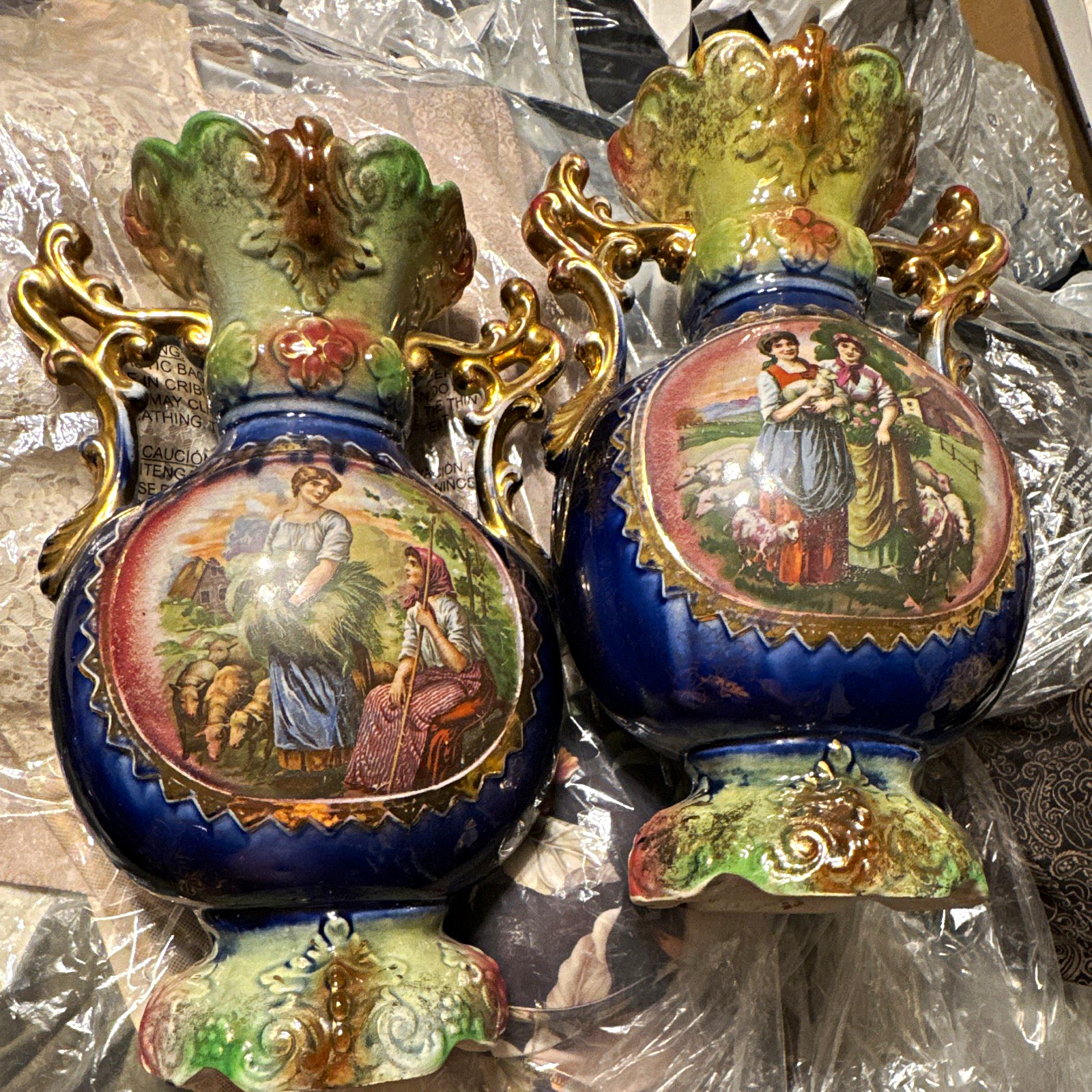 Antique Pair Ceramic Hand Painted Vases Pictorial Romantic Couple Blue Gold
