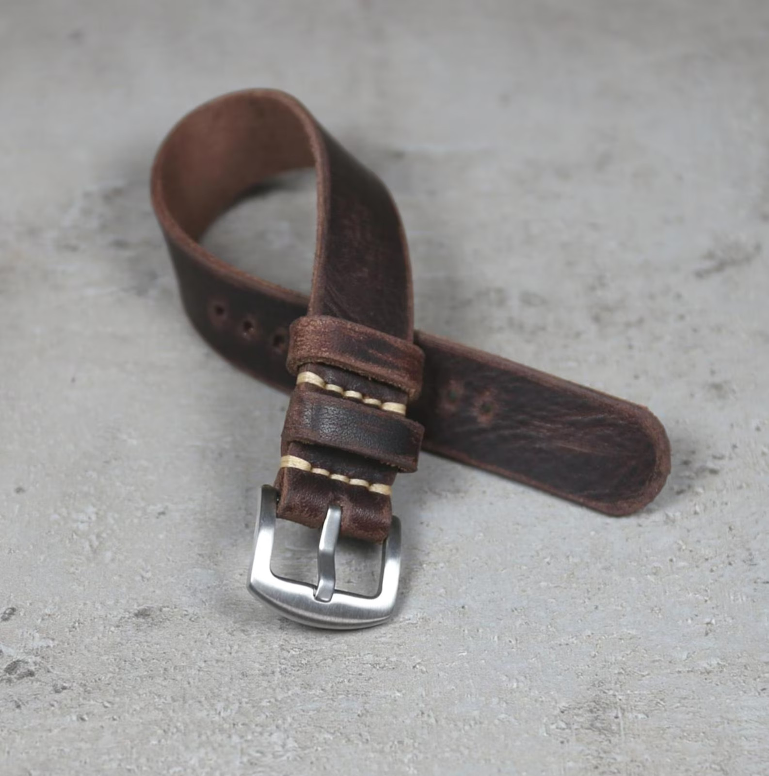 Distressed Leather Single Pass Watch Strap: Handmade Dark Brown Vintage 18-24mm