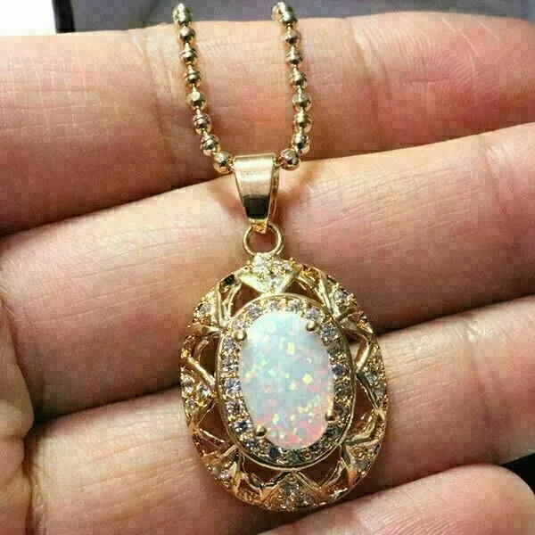 Natural Fire Opal 3.00Ct Oval Cut Vintage Pendant 14K Yellow Gold Plated Silver