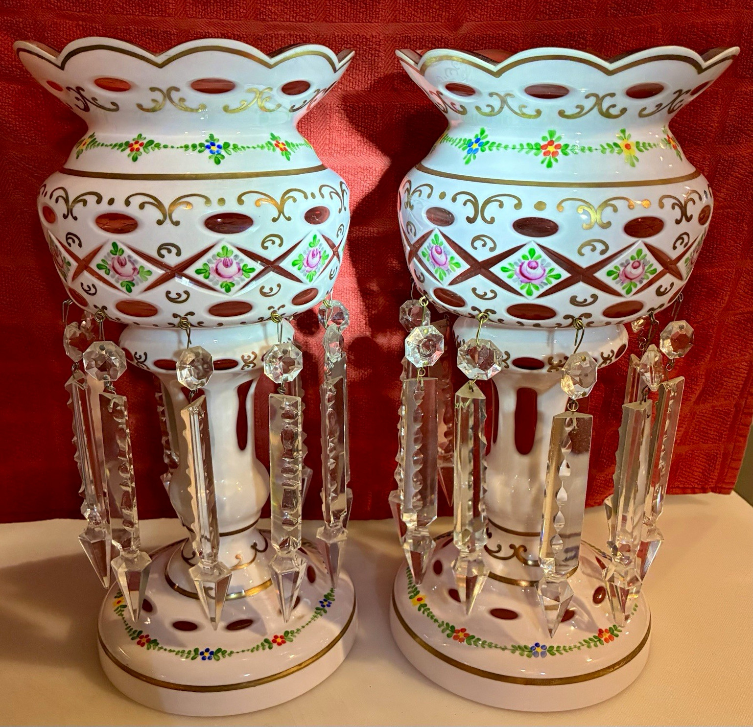 Pair Bohemia Hand-Painted Glass Mantel Lusters w/Crystal Prisms White Cranberry