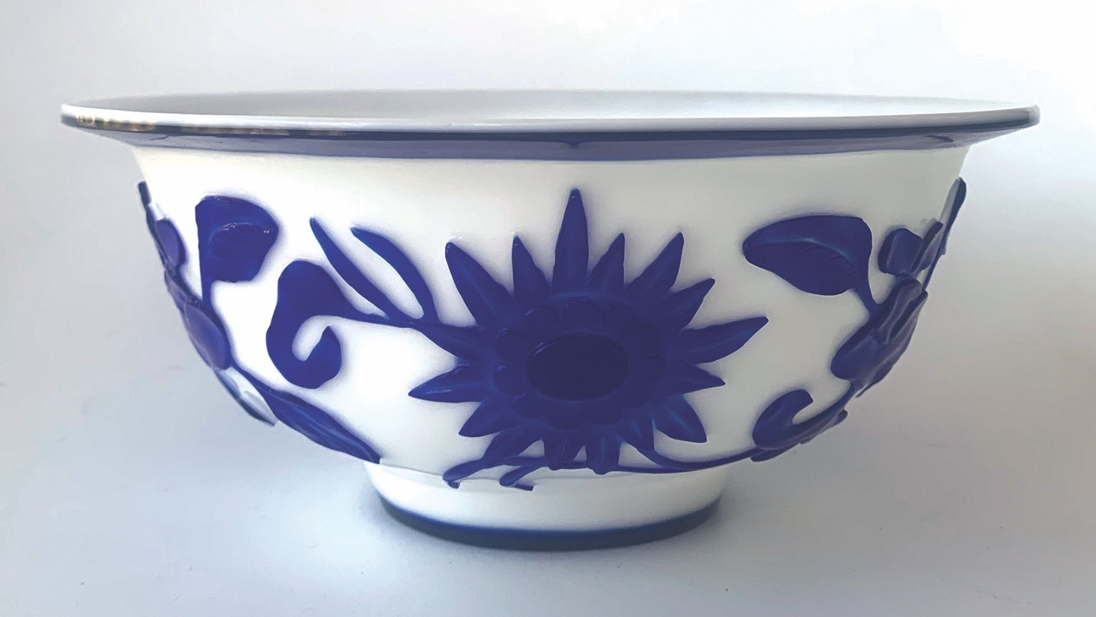 Vintage Chinese Peking Glass Bowl Blue Overlay Lotus Carved Art 7” Antique