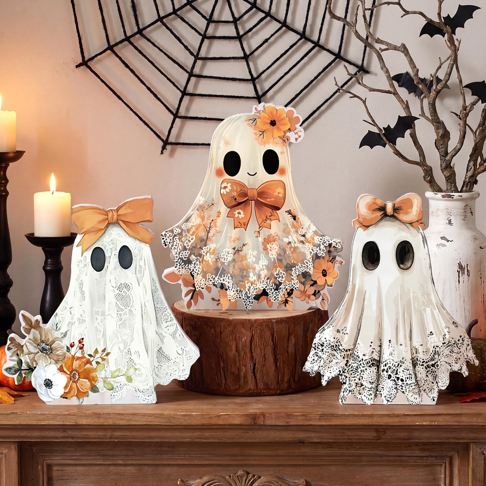3 Pcs Cute Ghost Halloween Table Decorations Indoor, White Lace Floral Wooden Bl