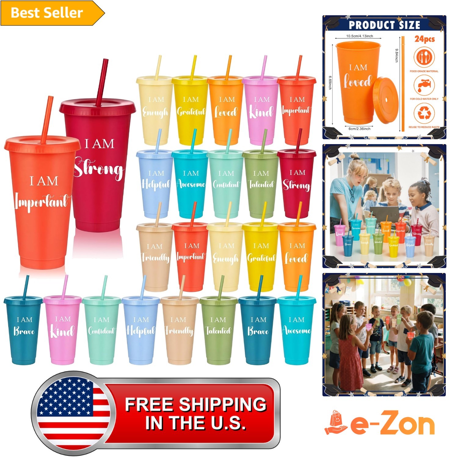 Motivational Plastic Cups Set 24 pcs Inspirational Quotes Bulk Classroom Gifts