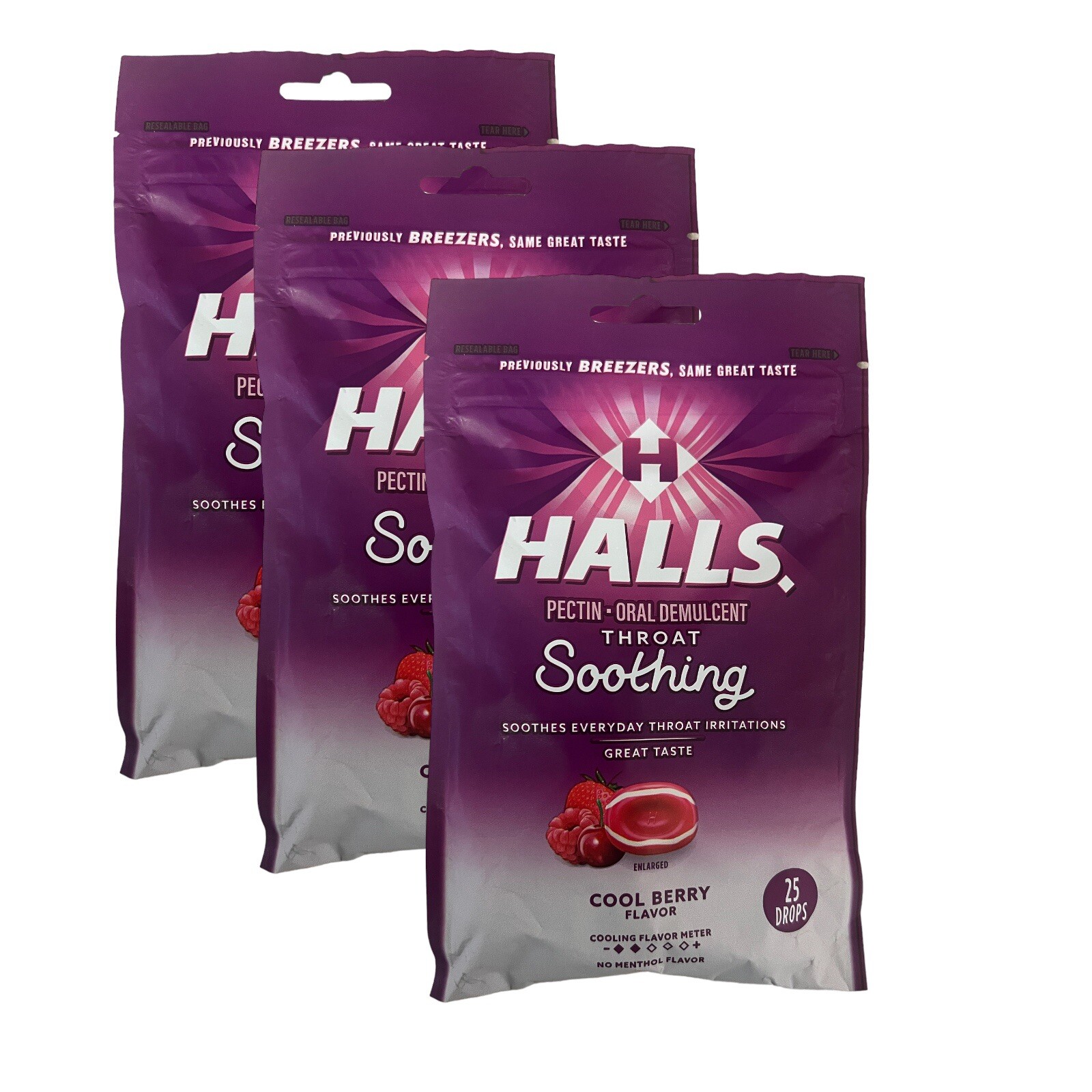 3X HALLS Throat Soothing Cool Berry Flavor Cough Drops 3 Bags 75 Total Drops 3X HALLS Throat Soothing Cool Berry Flavor Cough Drops 3 Bags 75 Total Drops