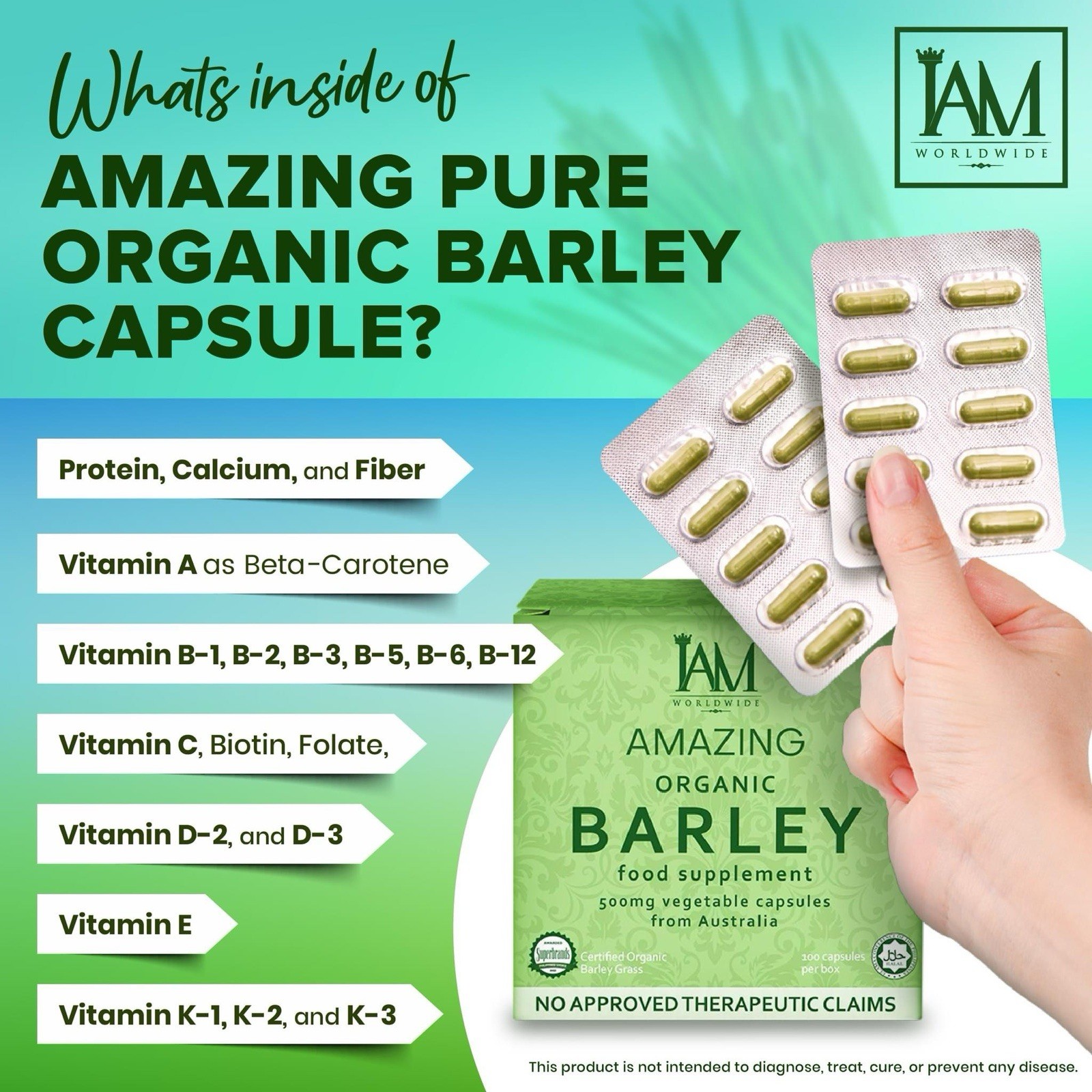 I AM  Amazing Pure Organic Barley Capsule 100 Capsules Authentic