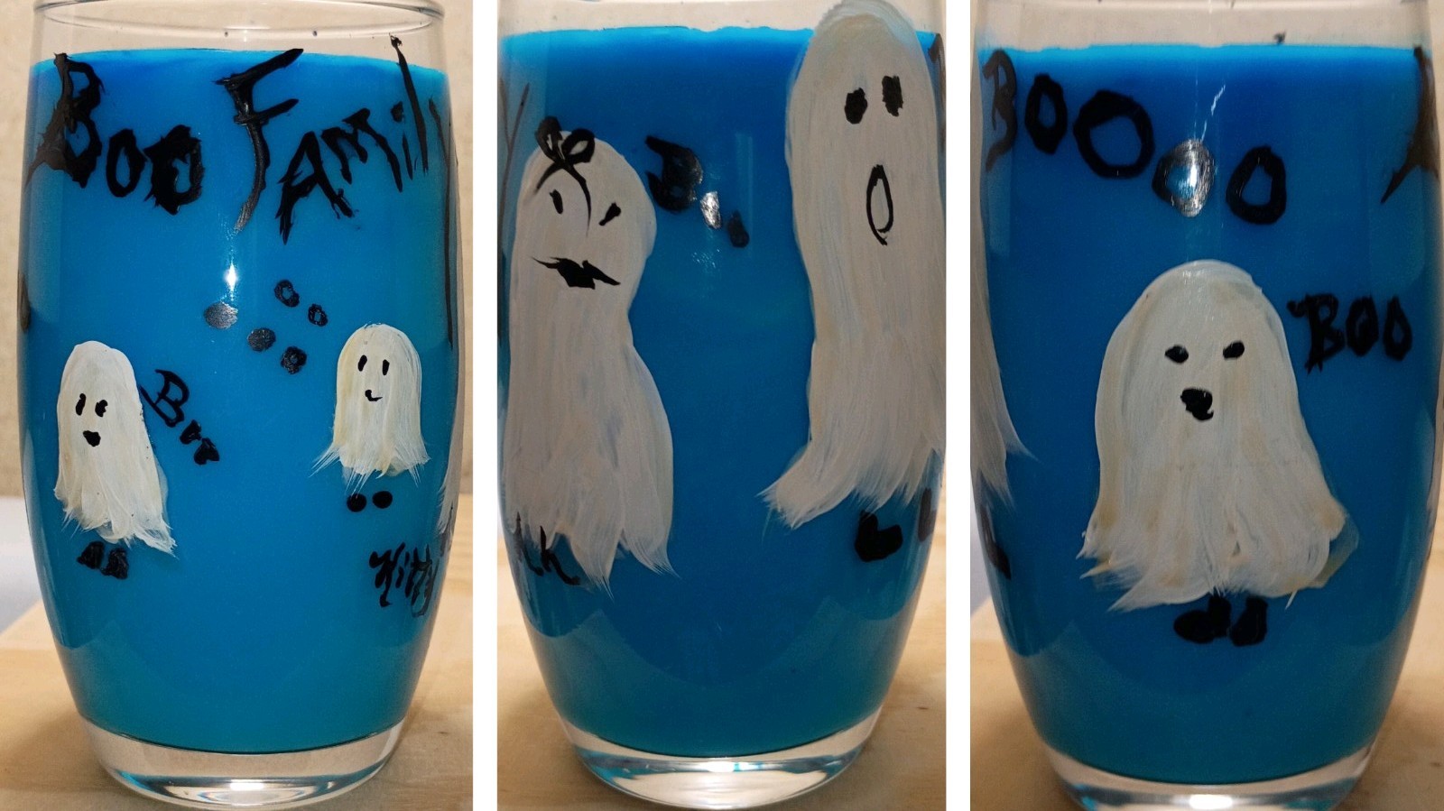 Boo family 18 Oz truly unique, hand painted, Halloween, glow in the dark,glasses