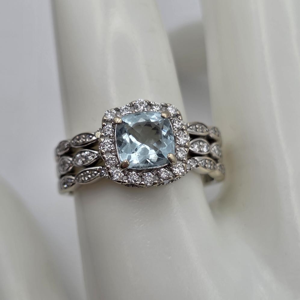Brilliance 14K White Gold Cushion Cut Aquamarine & Natural Diamond Ring Size 10