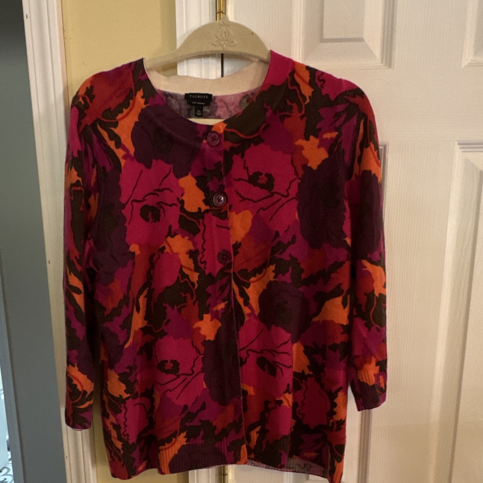 Talbots Pure Cashmere Pink Floral Knit Cardigan Sweater XL 3/4 Sleeve Crew Neck