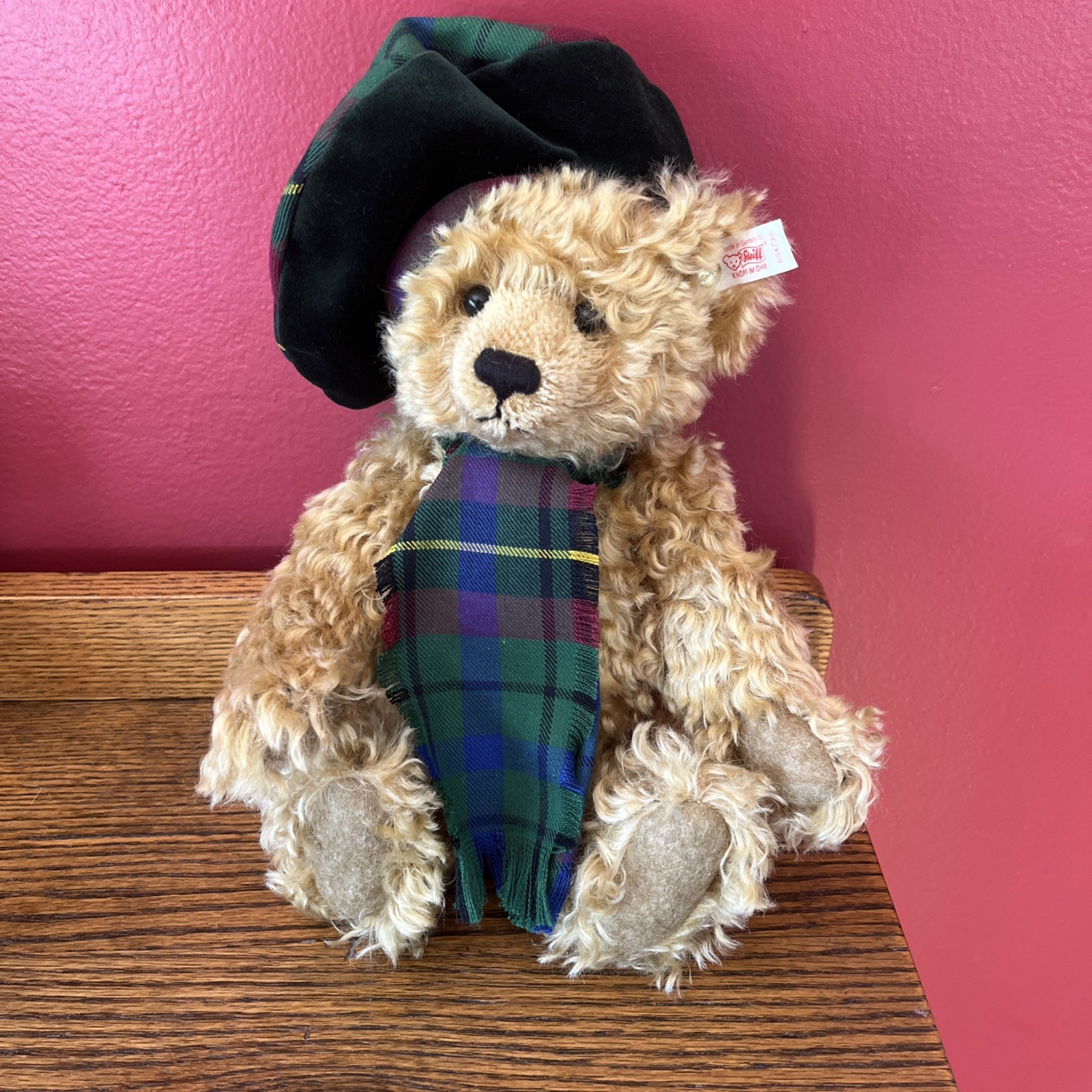 Scottish Steiff Bear Mohair Jointed Plaid Scarf And Hat 12\