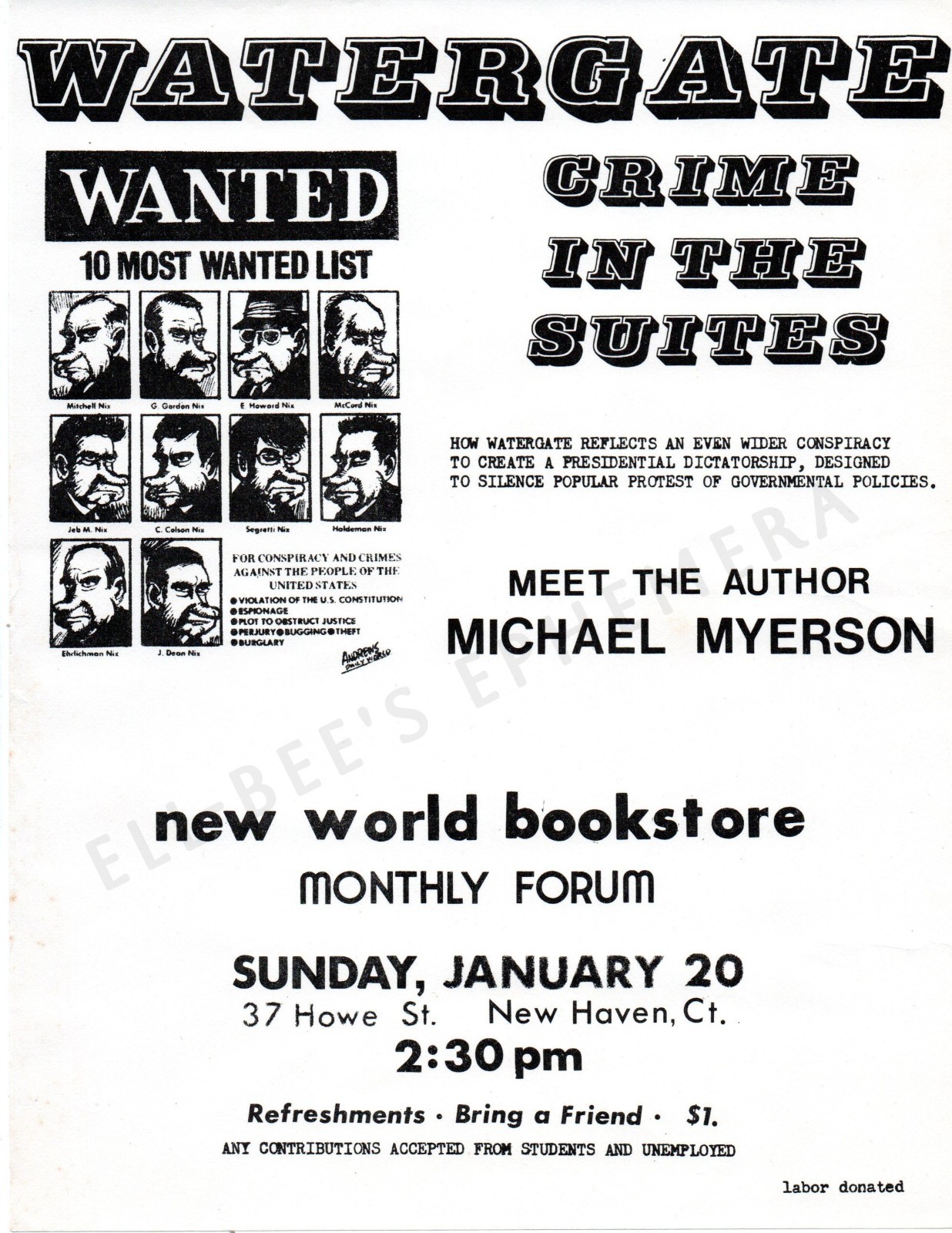 Vintage 1974 Watergate Protest Flyer Bill Andrews Artwork Daily World New Haven