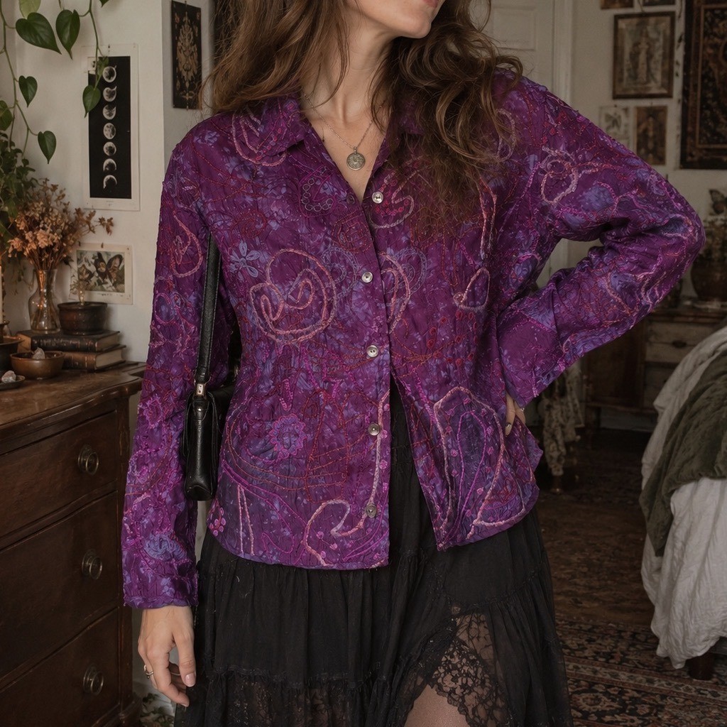 Chico\'s Button Down Shirt Womens 2 Purple Silk Embroidered Boho Whimsigoth Art