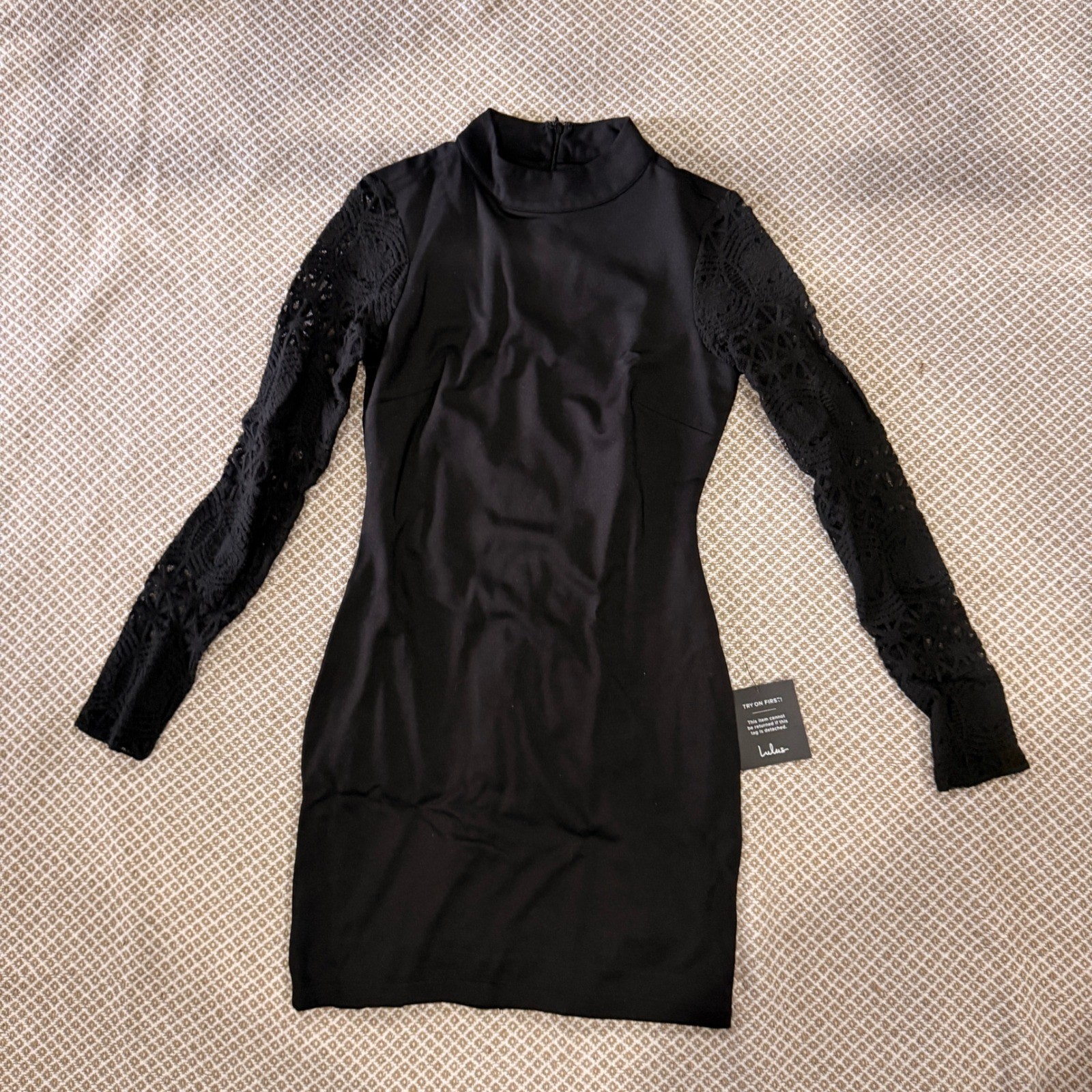 Lulus Black Lace Sleeve Bodycon Mini Dress Mock Neck Long Sleeve XS NWT