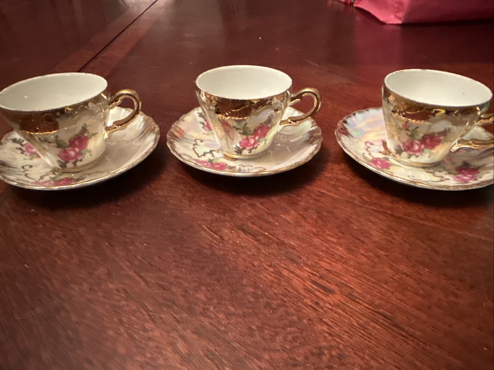 Vintage Royal Sealy Iridescent Bone China Set of 3 Cups and Saucers Gold Trim Vintage Royal Sealy Iridescent Bone China Set of 3 Cups and Saucers Gold Trim