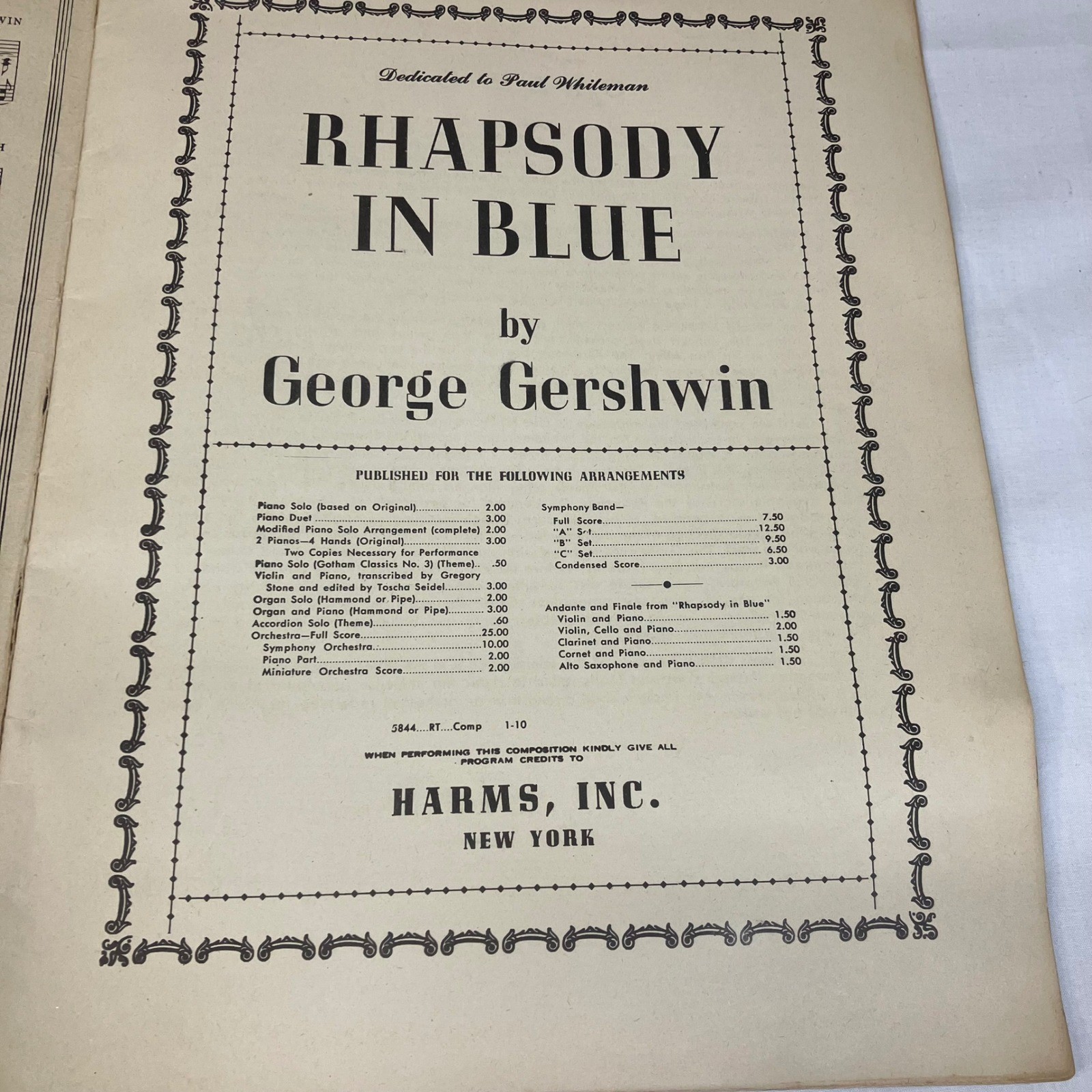 George Gershwin Rhapsody in Blue Piano Solo Sheet Music Harms Inc Vintage 1927