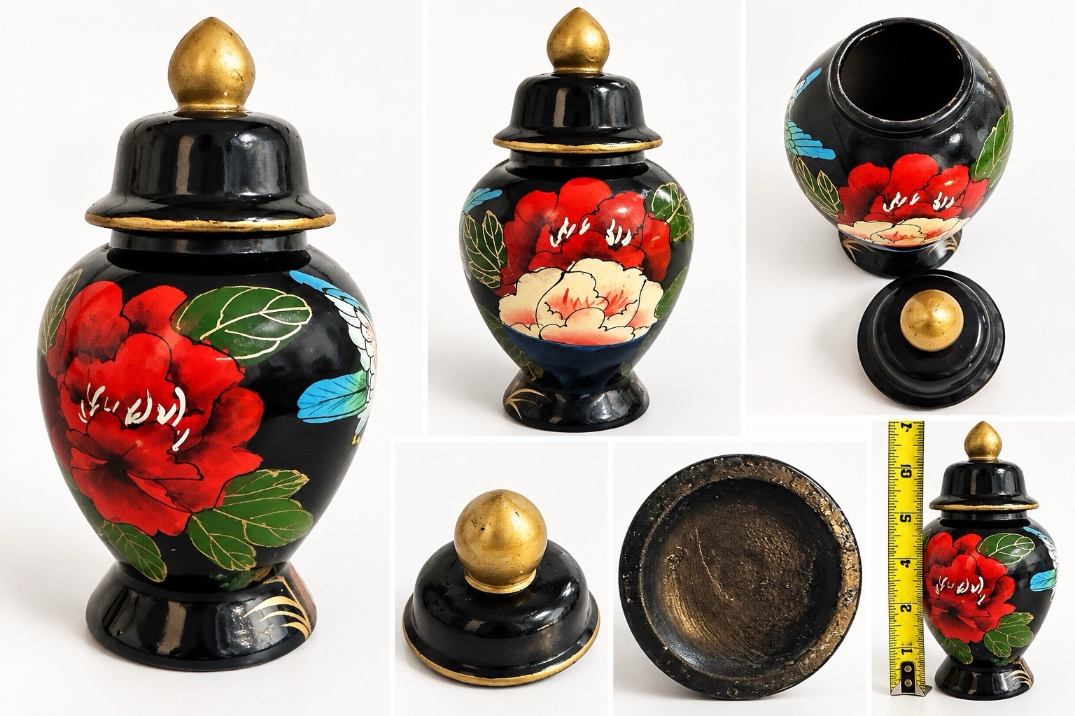 Vintage Hand Painted Black Ginger Jar Flowers Bird Gold Trim Lidded Urn 7” Vintage Hand Painted Black Ginger Jar Flowers Bird Gold Trim Lidded Urn 7”