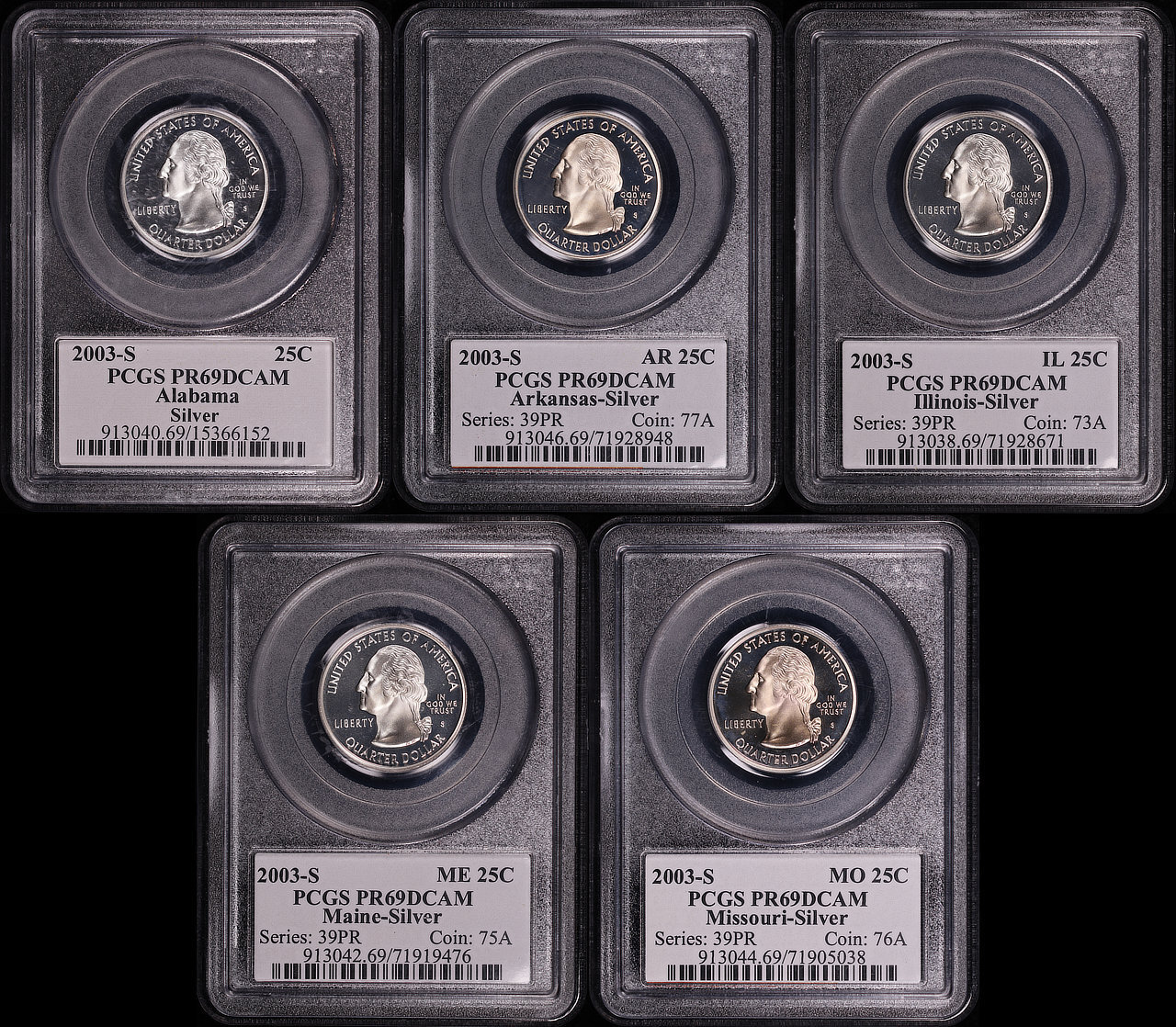 2003-S AL, AR, IL, ME, & MO Silver State Quarter Set PCGS PR-69 DCAM Flag Label