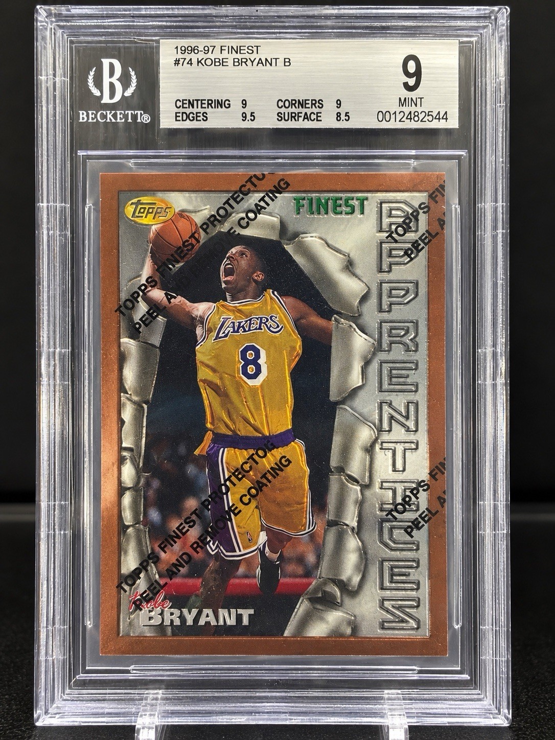 1996-97 Topps Finest Kobe Bryant Rookie RC #74 BGS 9 MINT w/ Coating Lakers