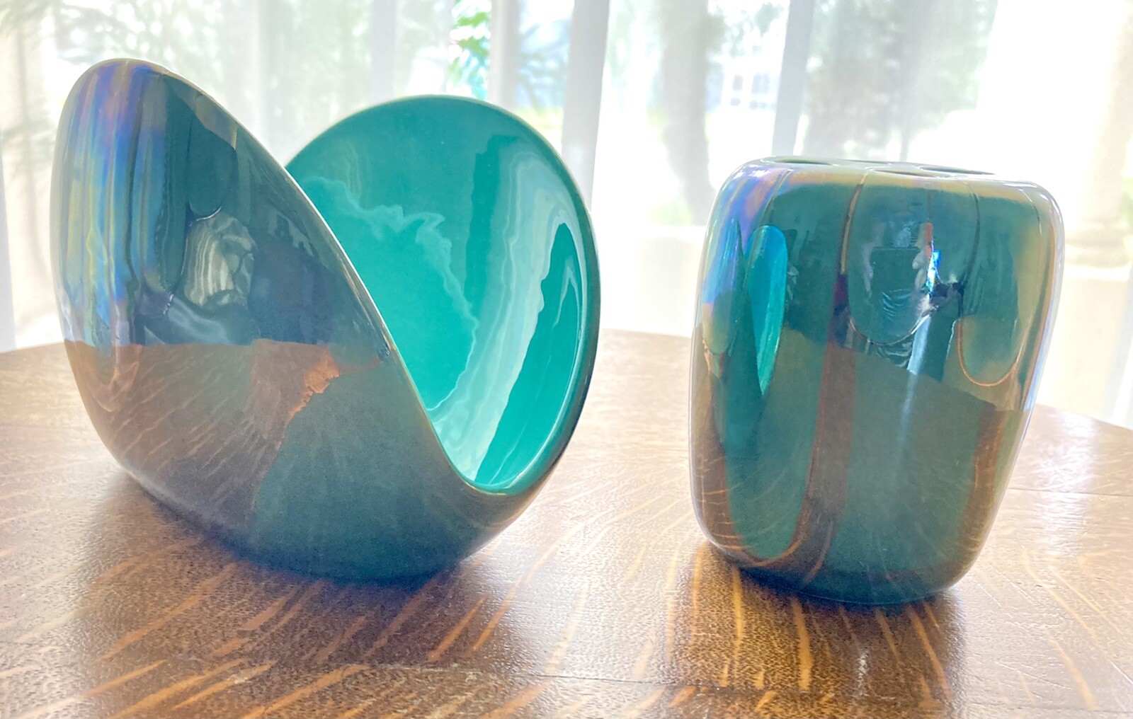 1990s VTG MCM Nielsen Iridescent Teal Drip Glaze Art Pottery Bath Accessories