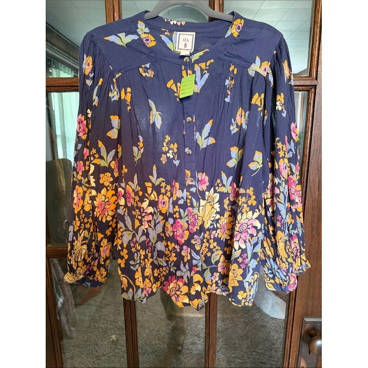 Lea Anthropologie Navy Floral Cotton Gauze Boho Button Front Blouse Plus Size 1X