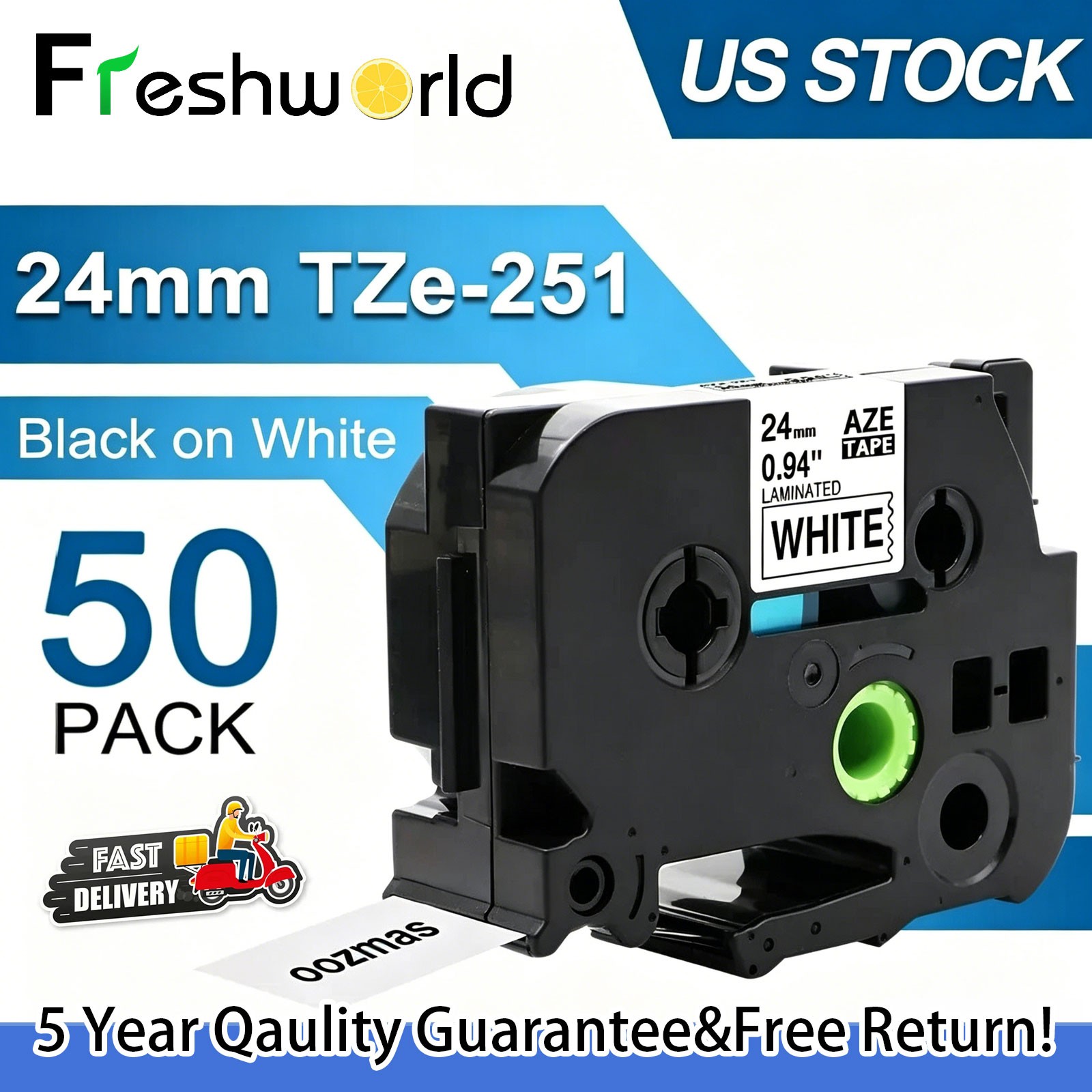 50PK 24mm Tz-251 TZe-251 Black on White Label Tape For Brother P-touch PT2730