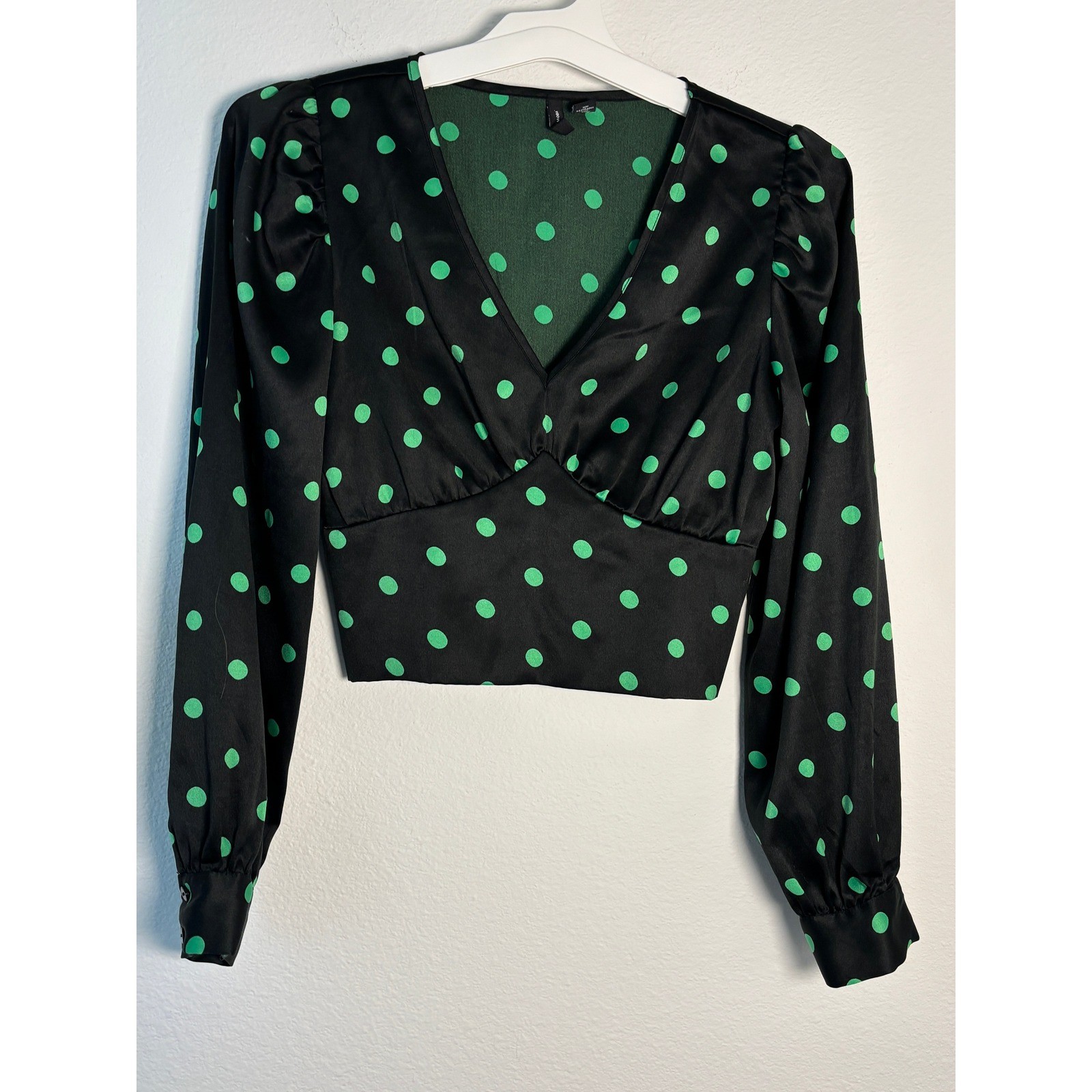 Vero Moda Womens Polka Dot V-Neck Cropped Blouse Black Green XS Long Sleeve Top