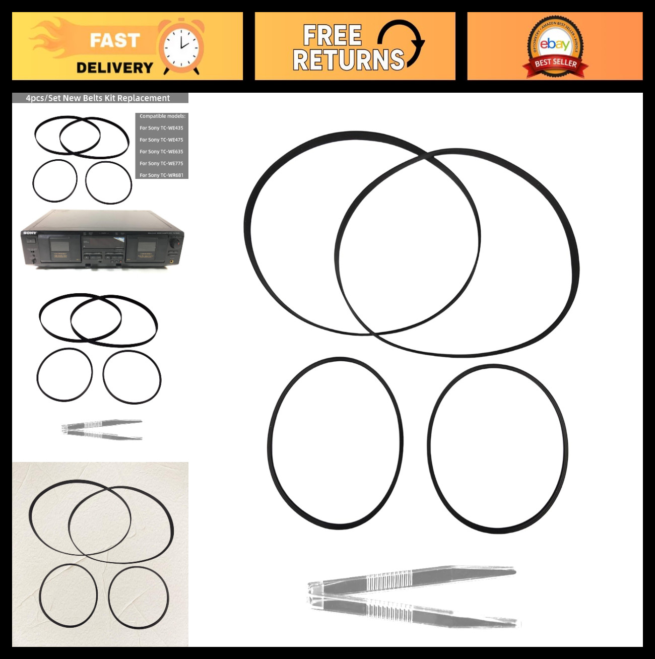 Premium Cassette Deck Belt Kit (4-Pack) - Replacement Belts + Tweezers for Dual