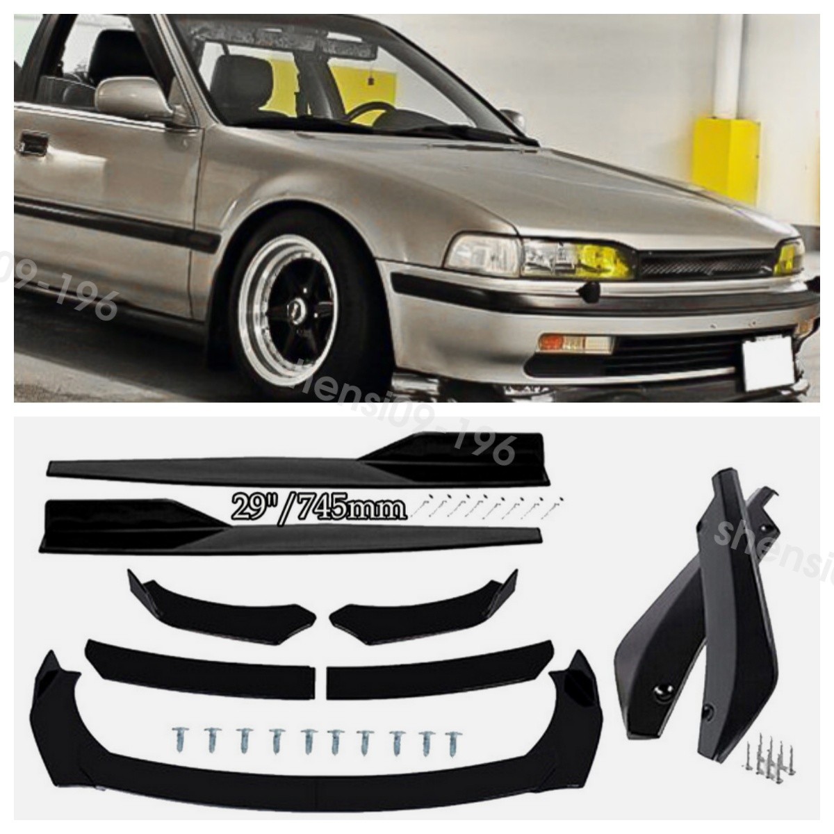 Fits 90-93 Honda Accord Mug Gloss Black Car Front Lip & Side Skirt & Rear Lips