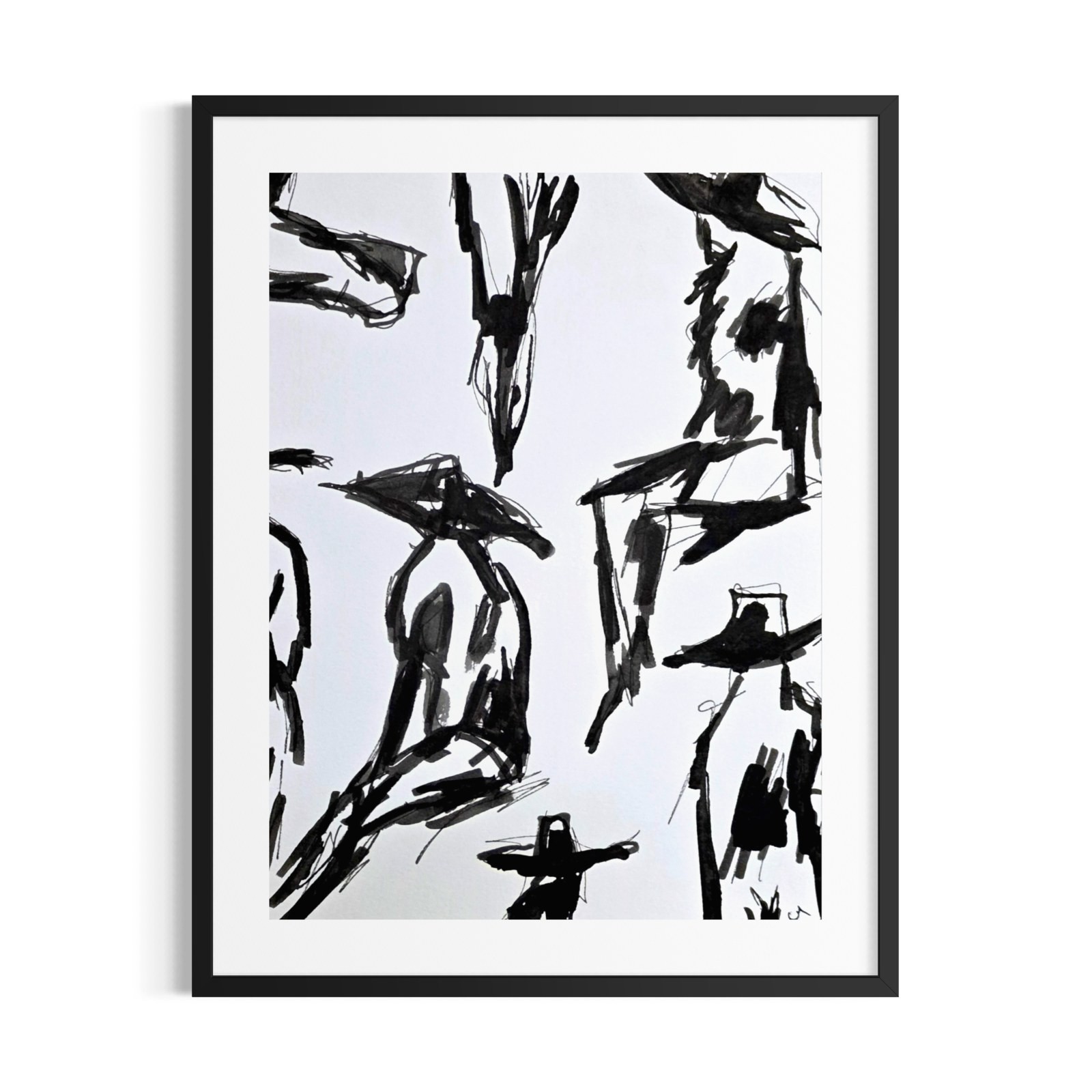 Original 9x12 Expressionist Black Ink Figure Sketches Painting Signed Paper