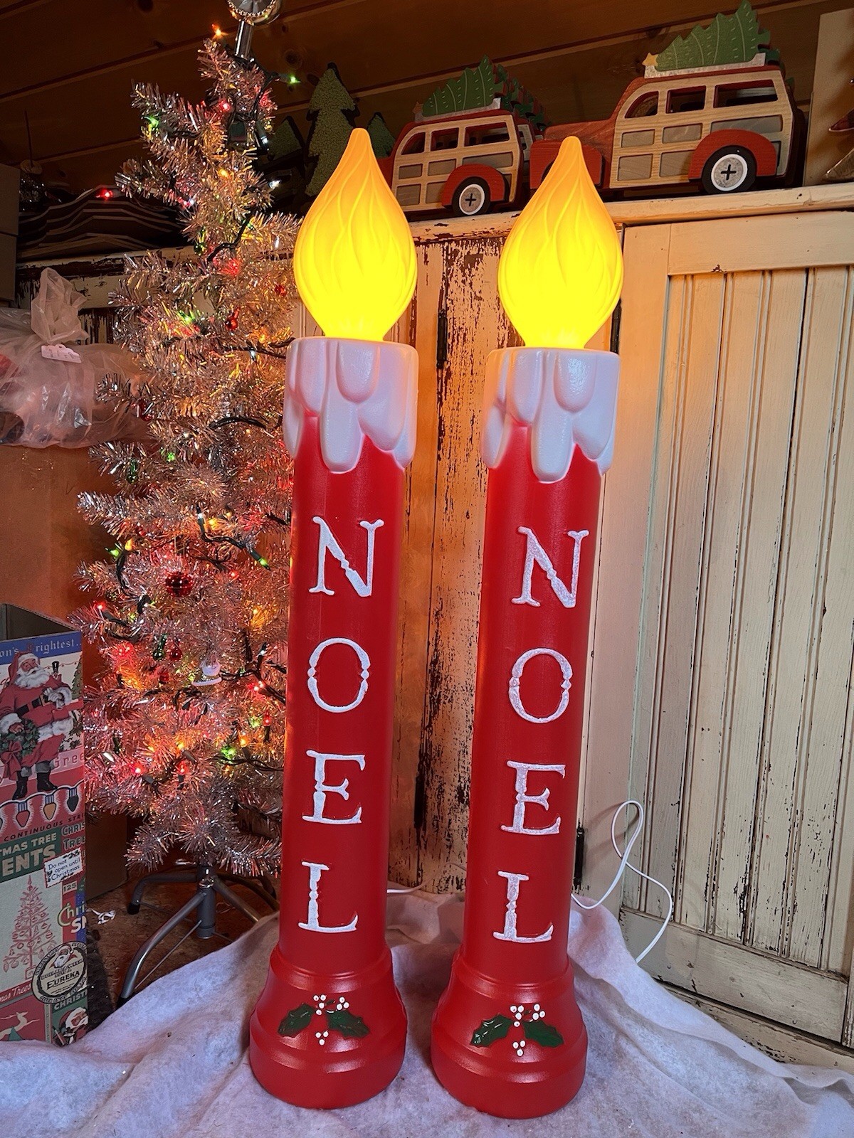 Blow Mold Noel Frosted Tops Christmas Candles Union Products 39” Pair New