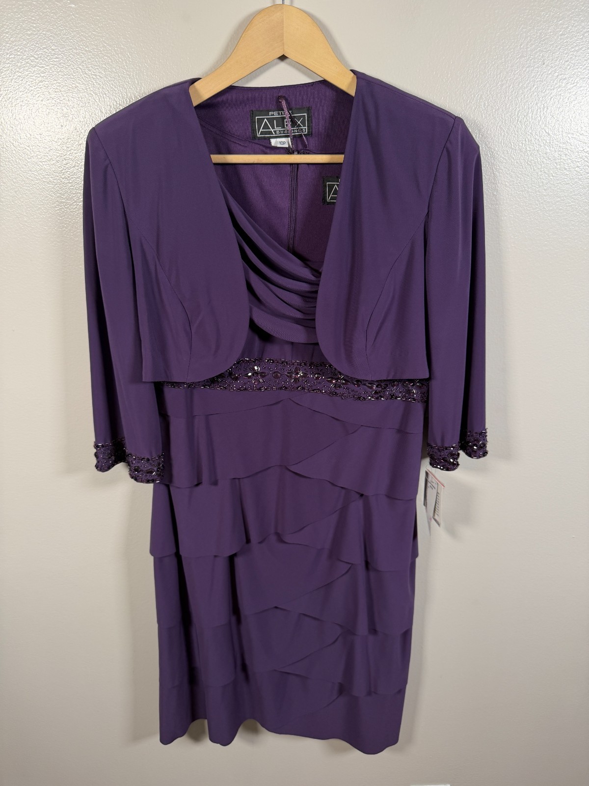 Alex Evenings Jacket Dress Set 10 Petite Purple Tiered Sequin Trim Cocktail MOB