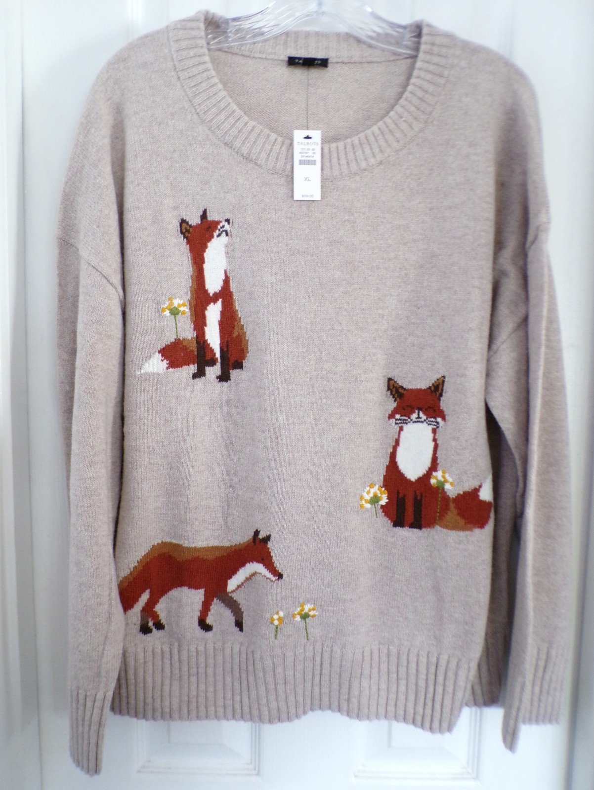 NWT NEW FALL TALBOTS SIZE XL  FOX CREWNECK SWEATER TAN HEATHER MULTI $139.00