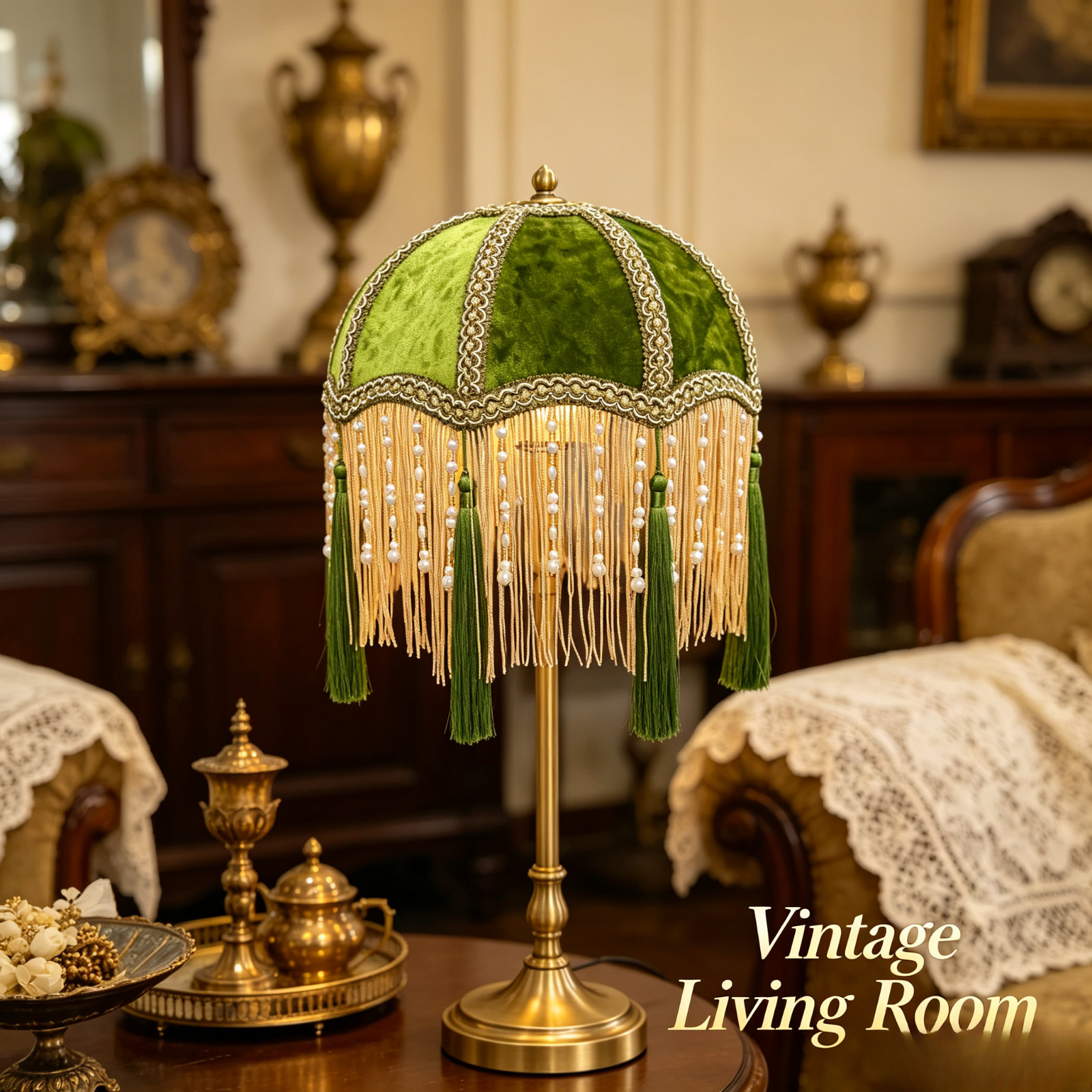 Premium Classic Victorian Olive Green Velvet Lampshade with Tassels