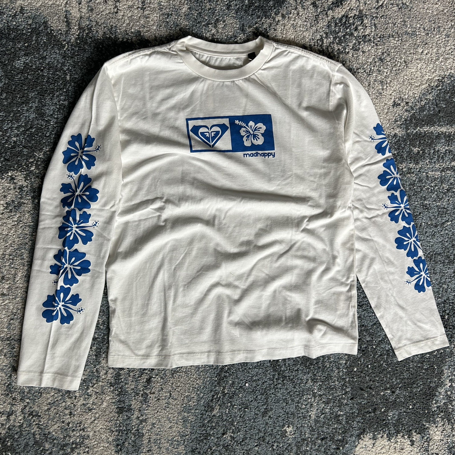 MADHAPPY x ROXY CROPPED ViNTAGE Y2k HiBiSCUS FLOWER L/S ÉCRU BRiGHT BLUE HAWAii