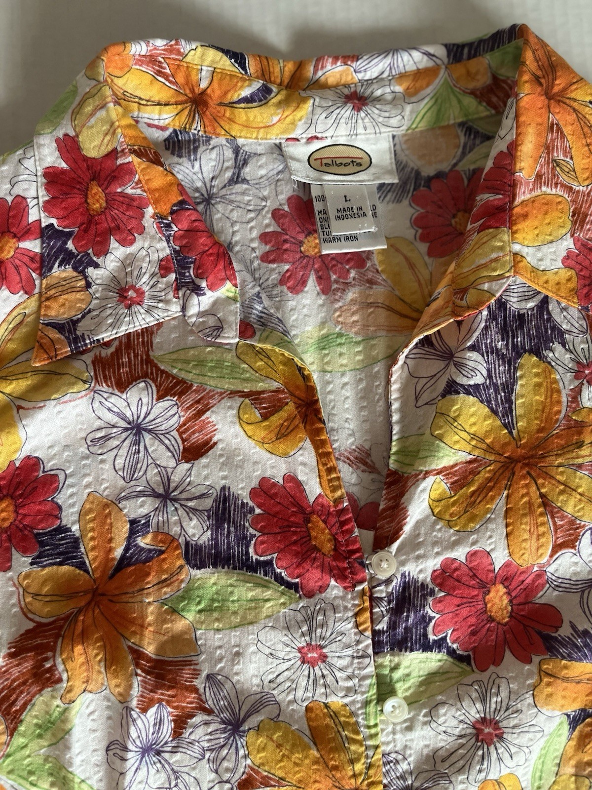 Talbots Orange Red Yellow Floral Top L 100% Cotton Front Button Down Sleeveless