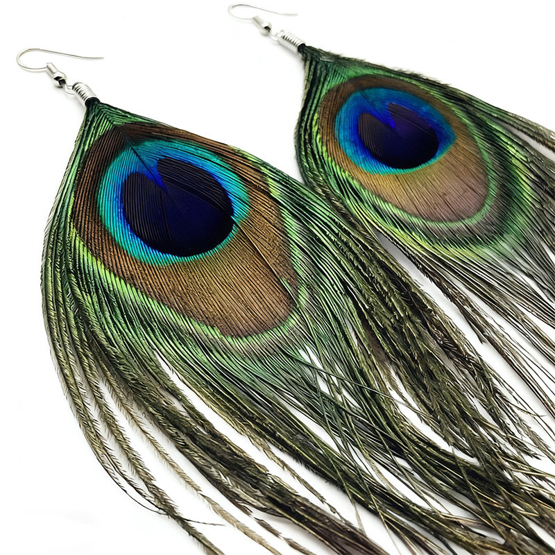 Boho Peacock Feather Dangle Earrings Bead Options Silver Tone 1 Pair YX102207