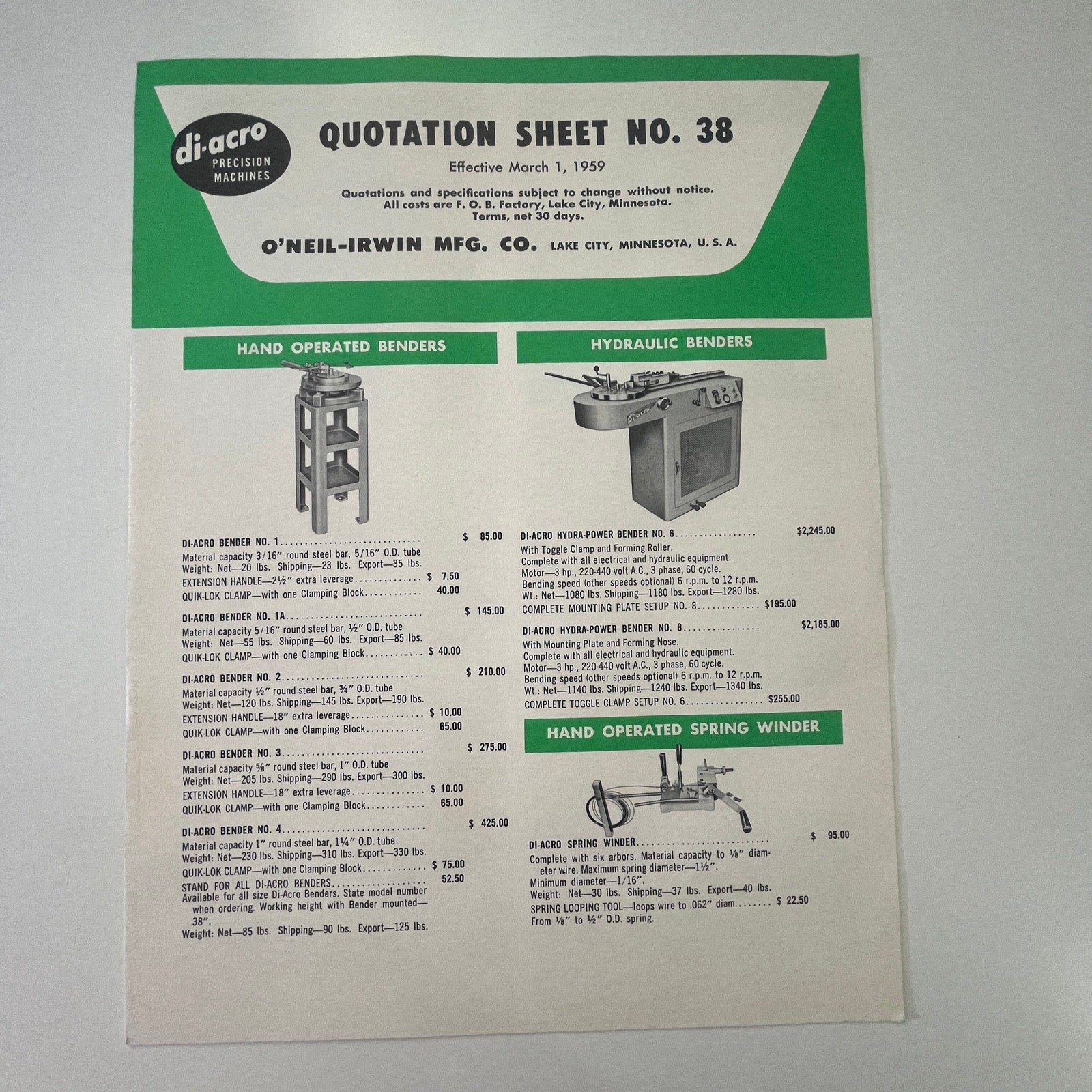 O'Neil-Irwin Mfg Co Di-Acro Precision Machine Lake City MN Vintage Pamphlet SJ18 O'Neil-Irwin Mfg Co Di-Acro Precision Machine Lake City MN Vintage Pamphlet SJ18