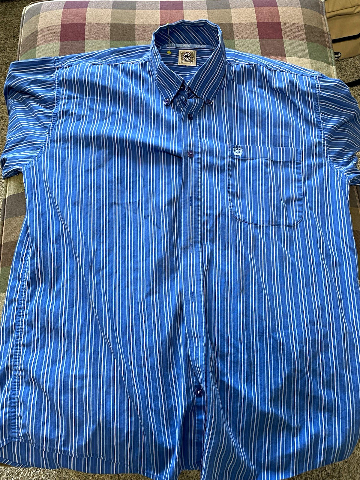 Cinch Men’s L Blue/White Striped Cotton Long Sleeve Button-Down Shirt Pocket