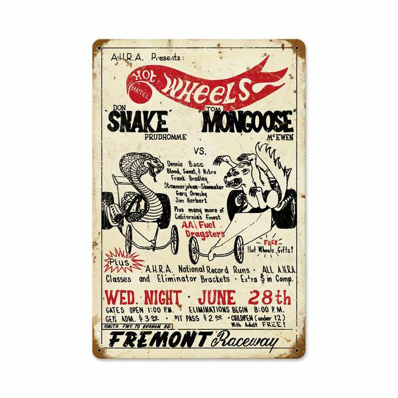 SNAKE VS MONGOOSE HOT WHEELS FREMONT RACEWAY HEAVY DUTY USA MADE METAL ADV SIGN SNAKE VS MONGOOSE HOT WHEELS FREMONT RACEWAY HEAVY DUTY USA MADE METAL ADV SIGN