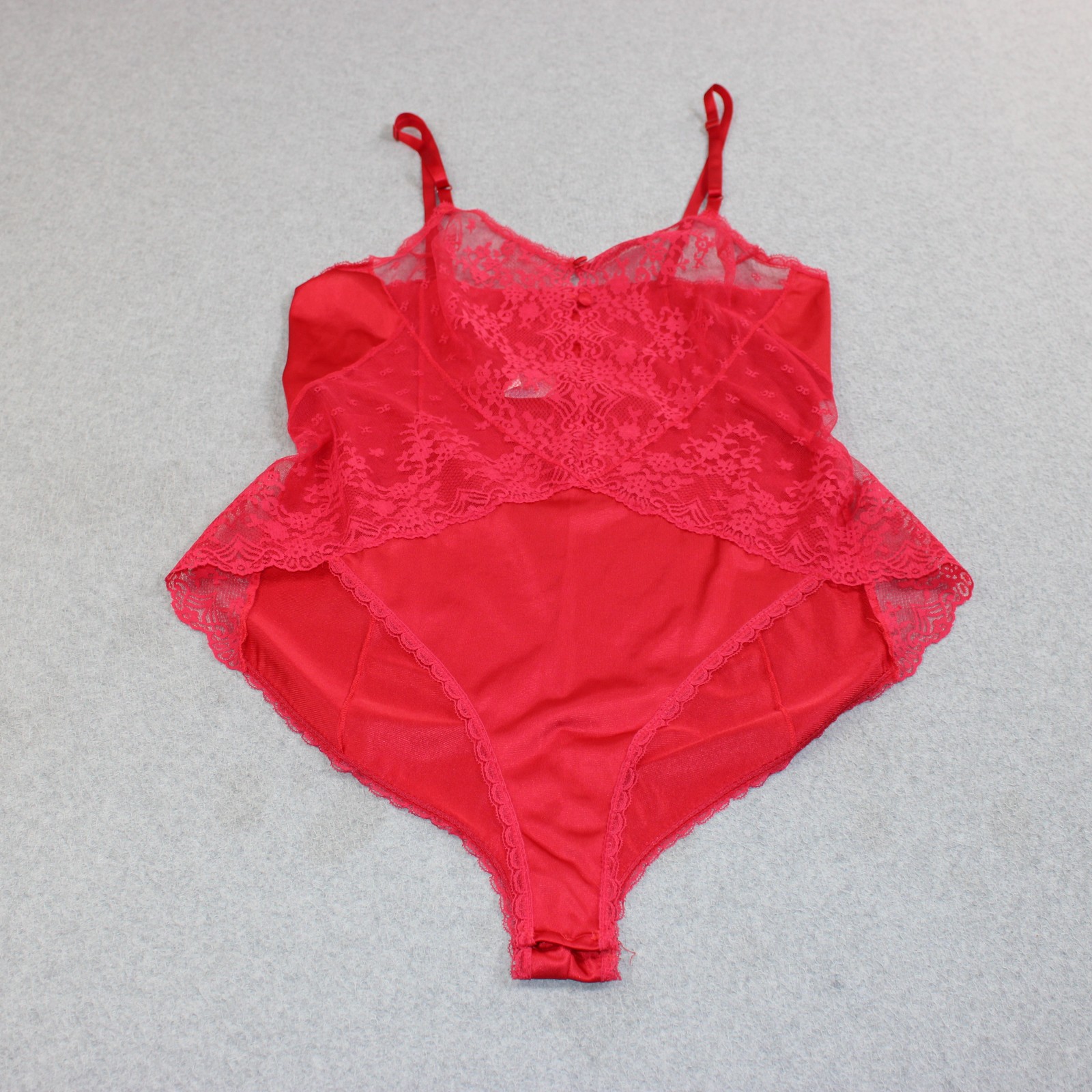 Vintage Vanity Fair Teddy Women 34 Red Lace Sheer Nylon Adjustable Lingerie READ