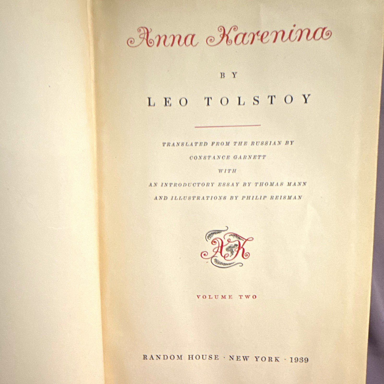 Anna Karenina Vol 2 Hardcover Leo Tolstoy Random House 1939 Illus Reisman