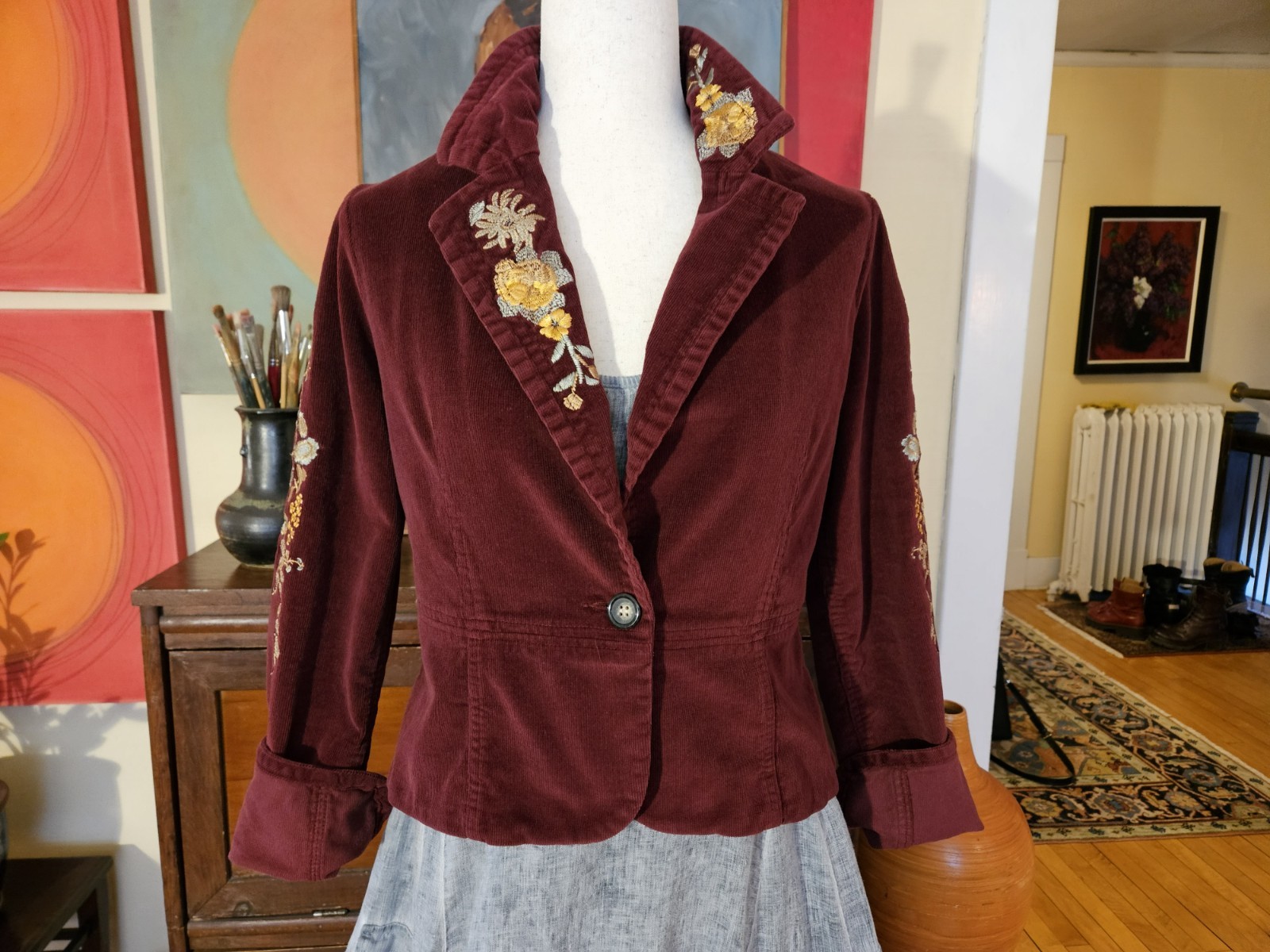 True Meaning Womens Blazer Burgundy Embroidered Flowers Medium Washable Easy