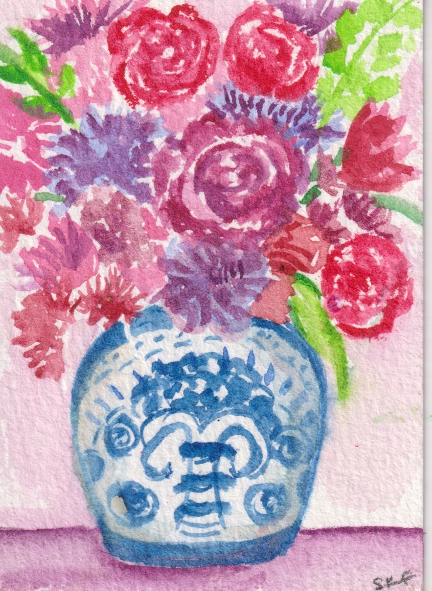 Original ACEO Pink, Purple Flowers, Blue & white Vase Watercolor Painting Original ACEO Pink, Purple Flowers, Blue & white Vase Watercolor Painting