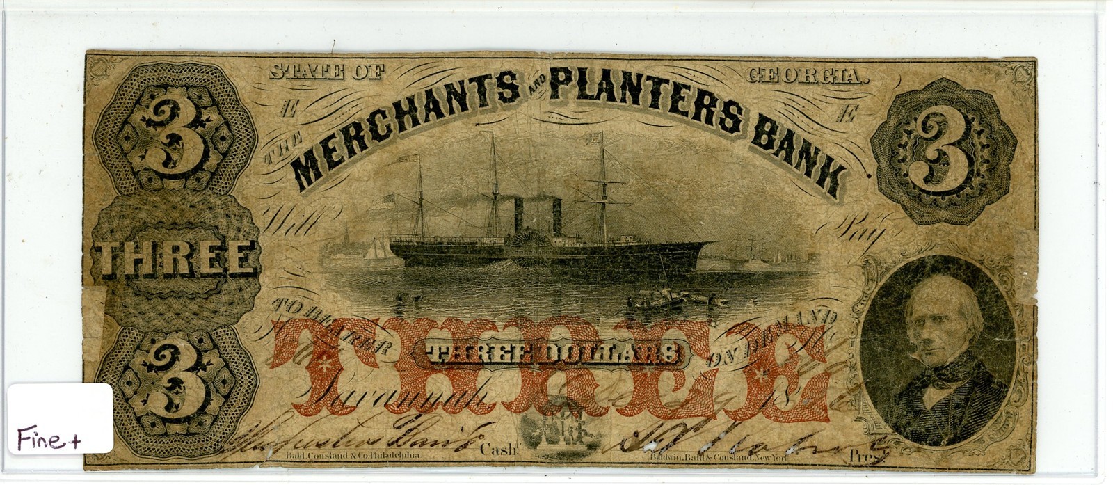 1860 $3 Merchants and Planters Bank, GA Obsolete Note in Fine+ Condition