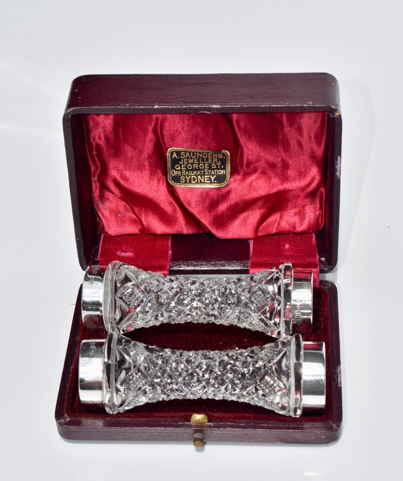 1901 Cased Pair of Antique Sterling Silver & Cut Crystal Knife Rests