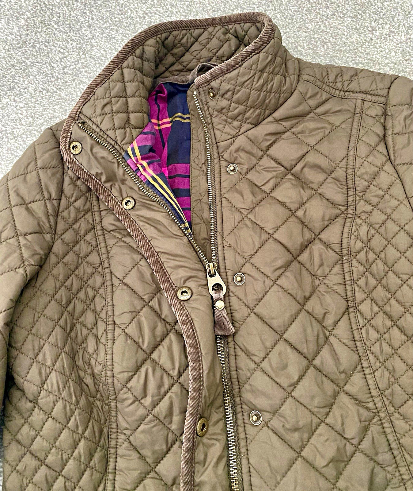 Joules Newdale Women’s Brown Quilted Lined Button Zip Pockets Short Jacket 12
